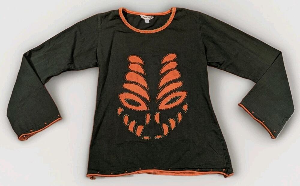 Y2K Yak n Yeti Womens S Applique Long Sleeve Boho Top Black Orange Artsy